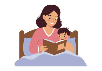 Mother reads to son in bed a cozy scene with a book and bed