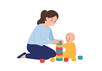 Woman and baby play with colored building blocks constructing a tower