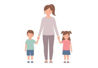 Woman holding hands with a boy and girl
