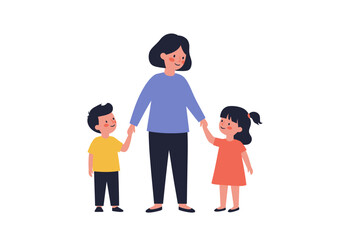 Woman holding hands with a boy and a girl on a white background