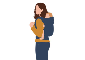 Woman in mustard shirt carrying baby in navy carrier