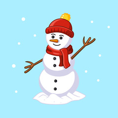 Cheerful Snowman in Winter Attire Amidst Falling Snow Vector Illustration Cartoon Design