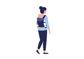Woman with bun walks carrying a baby in a dark blue carrier on her back wearing matching pants and shirt
