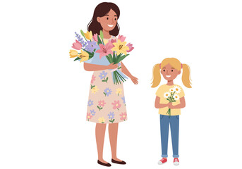 Woman with flowers gives arm out to a girl holding daisies