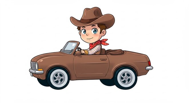 Joven vaquero sonriente maneja alegremente su coche marron descapotable con estilo vibrante de dibujo animado