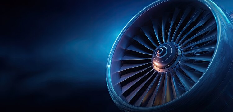 Close-up of a jet engine turbine fan, against a blue background