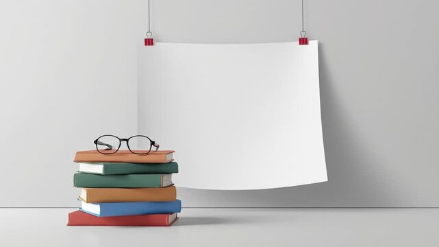 Blank white paper hanging on a wall above a stack of colorful books with glasses in the foreground