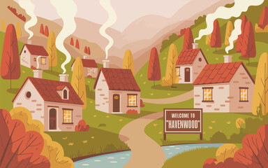 Autumn village scene with houses and smoking chimneys