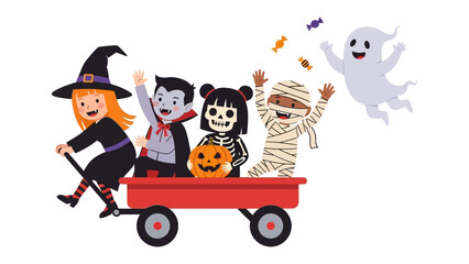 Halloween Parade: A vibrant illustration depicts a festive Halloween parade, with costumed children riding in a red wagon, and a friendly ghost. The scene radiates an air of cheerful celebration.