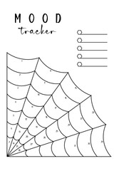 Minimalist mood tracker with corner spider web design and 31 numbered sections, isolated on a transparent background. Black and white printable template for bullet journal, diary, or planner insert