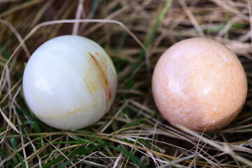 Chinese massage balls lie in nature. Treatment of ACCUPUNTURE AND MASSAGE for joint diseases