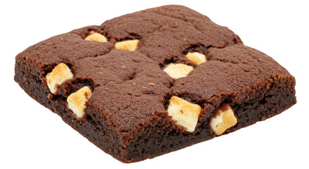Delicious chocolate brownie with white chocolate chips isolated, rich dessert square for sweet treat and bakery concept