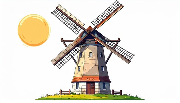 A vector drawing of a windmill with rotating blades flat eco style isolated on white background

