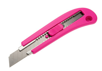 Pink box cutter isolated on transparent background, utility knife for crafts and office supplies, sharp blade for cutting cardboard and paper