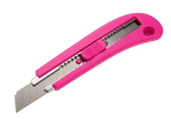 Pink box cutter isolated on transparent background, utility knife for crafts and office supplies, sharp blade for cutting cardboard and paper