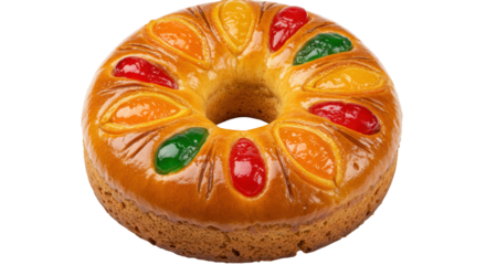 Rosca de Reyes isolated on transparent background, traditional Epiphany cake with candied fruit for holiday celebration