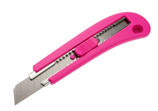 Pink box cutter isolated on transparent background, utility knife for crafts and office supplies, sharp blade for cutting cardboard and paper