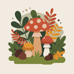 Autumn forest scene with mushrooms and acorns fall