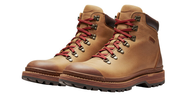 Pair of brown leather hiking boots isolated on a clean background, durable footwear for outdoor adventures