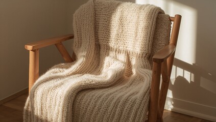 Comfortable Wooden Chair Wrapped in a Knitted Blanket
