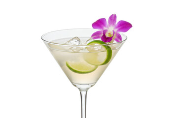 Elegant martini cocktail with lime and orchid isolated, refreshing alcoholic beverage for celebrations and special occasions