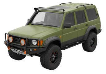 Green off-road vehicle isolated on transparent background, modified 4x4 SUV for adventure and outdoor recreation © Carlos