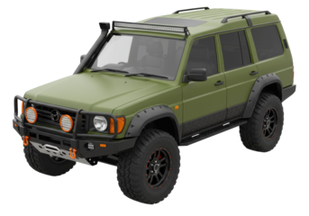 Green off-road vehicle isolated on transparent background, modified 4x4 SUV for adventure and outdoor recreation