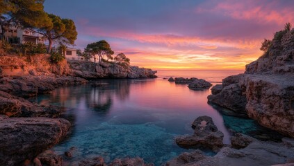 Coastal bay at dusk, reflecting a vibrant sky and calm sea