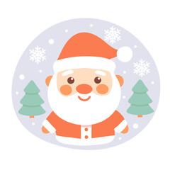 Cute Santa Claus illustration with red hat and coat, surrounded by snowflakes and Christmas trees. Festive Christmas holiday design for cards, decorations, and winter projects. Vector illustration.