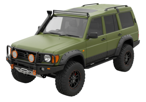 Green off-road vehicle isolated on transparent background, modified 4x4 SUV for adventure and outdoor recreation