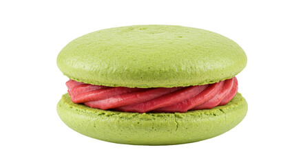 Green pistachio macaron with raspberry cream isolated, delicious French dessert for patisserie and confectionery concepts