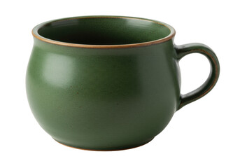 Green ceramic mug isolated on transparent background, rustic style coffee cup for hot beverages and cozy mornings
