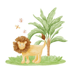 Watercolor lion in the wild child drawing illustration isolated on white, Funny friendly safari animal with palm tree, grass and butterflies for kids and children, African savannah nature clip art