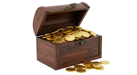 Open wooden treasure chest filled with gold coins isolated, wealth and fortune concept in PNG...