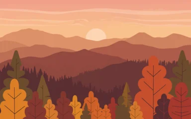 Selbstklebende Fototapeten Lachs Autumn mountain landscape with stylized trees and sunset  © srdesignhouse