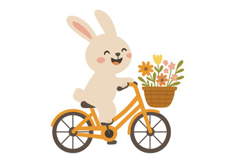 Cute rabbit on a bicycle with flowers in a basket. Happy bunny character cycling. Spring or Easter vector illustration for kids, greeting cards, and t-shirt prints. Fun ride.