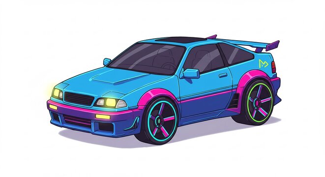 Deportivo coche azul futurista con detalles ne&oacute;n ilustrado estilo retrowave colores vibrantes