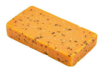 Herb-infused cheddar cheese block isolated on transparent background, gourmet dairy product with visible herbs for culinary use