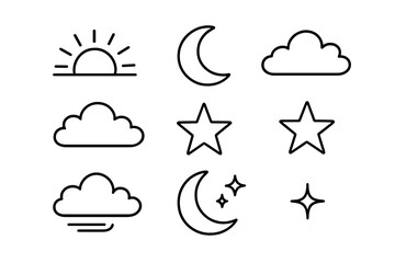 Weather line icon set. Simple doodle collection of sun, moon, stars, and clouds. Day and night sky symbols for forecast. Minimalist black outline pictogram vector pack.
