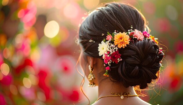 Woman's elaborate updo with colorful flower accents