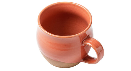 Terracotta mug isolated on transparent background, handmade ceramic coffee cup with handle for hot drinks and beverages