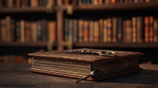 Antique book with a vintage key resting on a wooden table, surrounded by shelves of old books