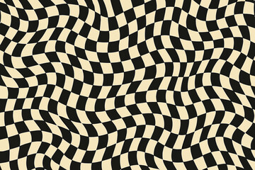 Groovy distorted chessboard background with wavy stripes. Trippy grid seamless pattern in retro 60s 70s style. Psychedelic checkerboard backdrop for hippie disco party. Vector.