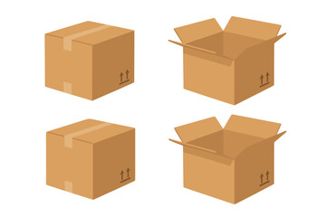Isometric cardboard box vector set. Open and closed carton containers for delivery, shipping and logistics. Packaging mockup. Empty parcel collection with fragile symbols.