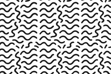 Hand drawn black and white abstract shapes seamless pattern. Chaotic waves of strokes and scribbles. Simple vector illustration endless repeatable texture for modern design.