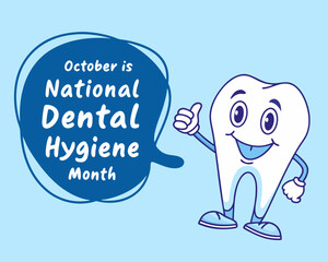 Cartoon Tooth Character Celebrates National Dental Hygiene Month in October with a Thumbs Up on a Light Blue Background