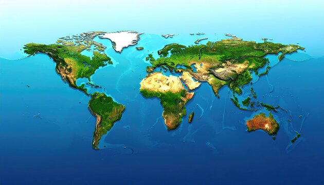 A 3D-rendered world map showcasing continents and oceans with realistic topographic details and a slightly elevated perspective