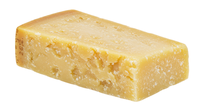Block of aged Parmesan cheese isolated, hard Italian cheese with granular texture for grating and culinary use