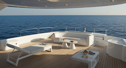Luxury Yacht Deck with White Seating and Ocean View in Bright Sunlight