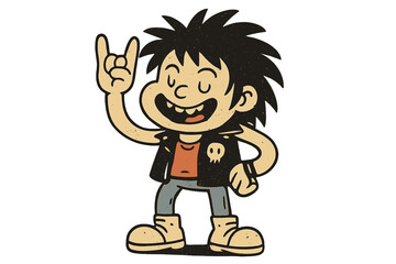 Cute comic retro rocker character with lettering quote Stay weird. Hand drawn vintage vector illustration. Boy punk rock fan with devil horns hand sign. Music mascot.